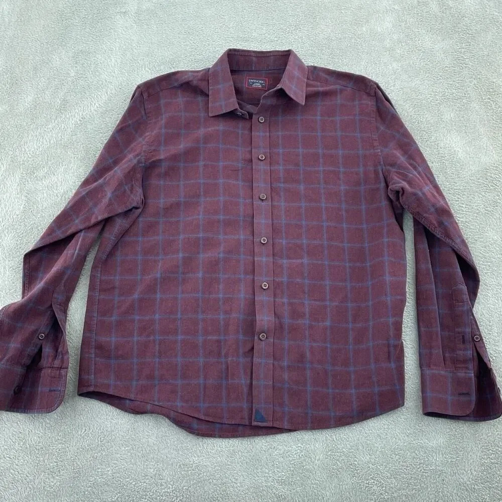 Untuckit Mens Red & Blue Plaid Long Sleeve Shirt Large 100% Cotton 4619